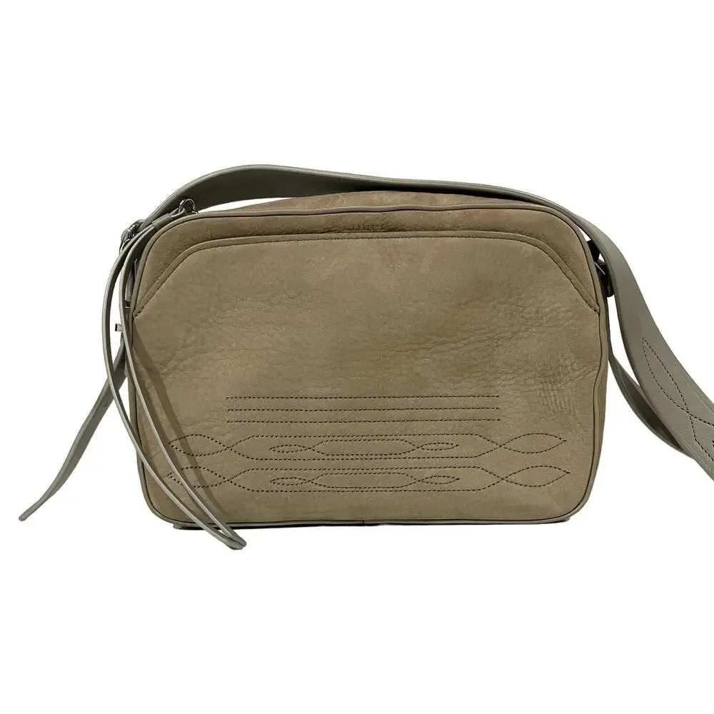 All Saints Crossbody Purse Shoulder Camera Bag Leather Taupe Gray Stitching